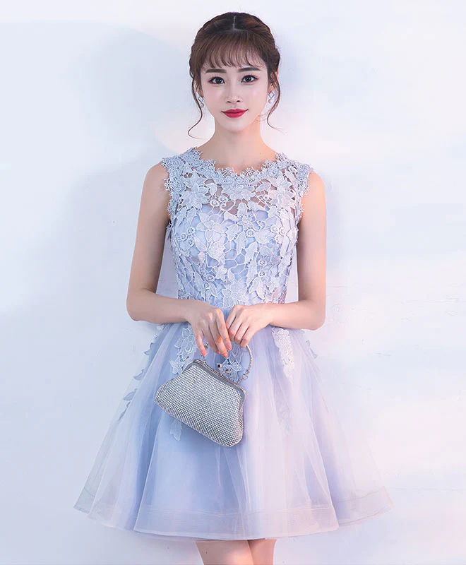 Gray Tulle Lace Short Prom Dress, Gray Homecoming Dress - Deanwangkt