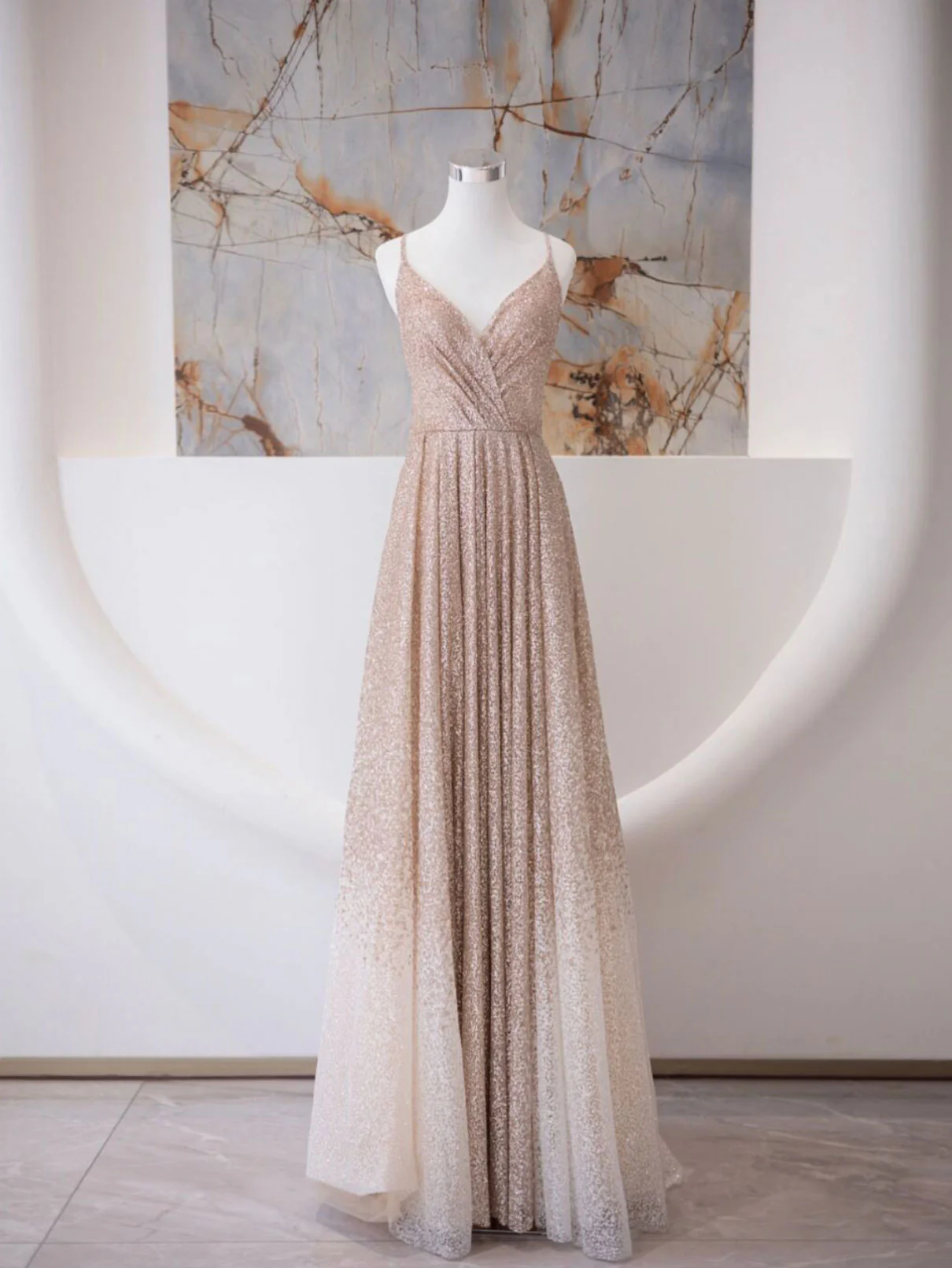 A Line V Neck Champagne Long Prom Dresses, Shiny Tulle Champagne Evening Dress - Deanwangkt