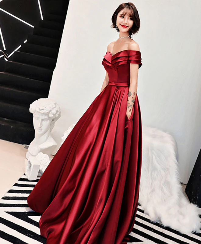 Burgundy V Neck Off Shoulder Long Prom Dress, Evening Dress - Deanwangkt