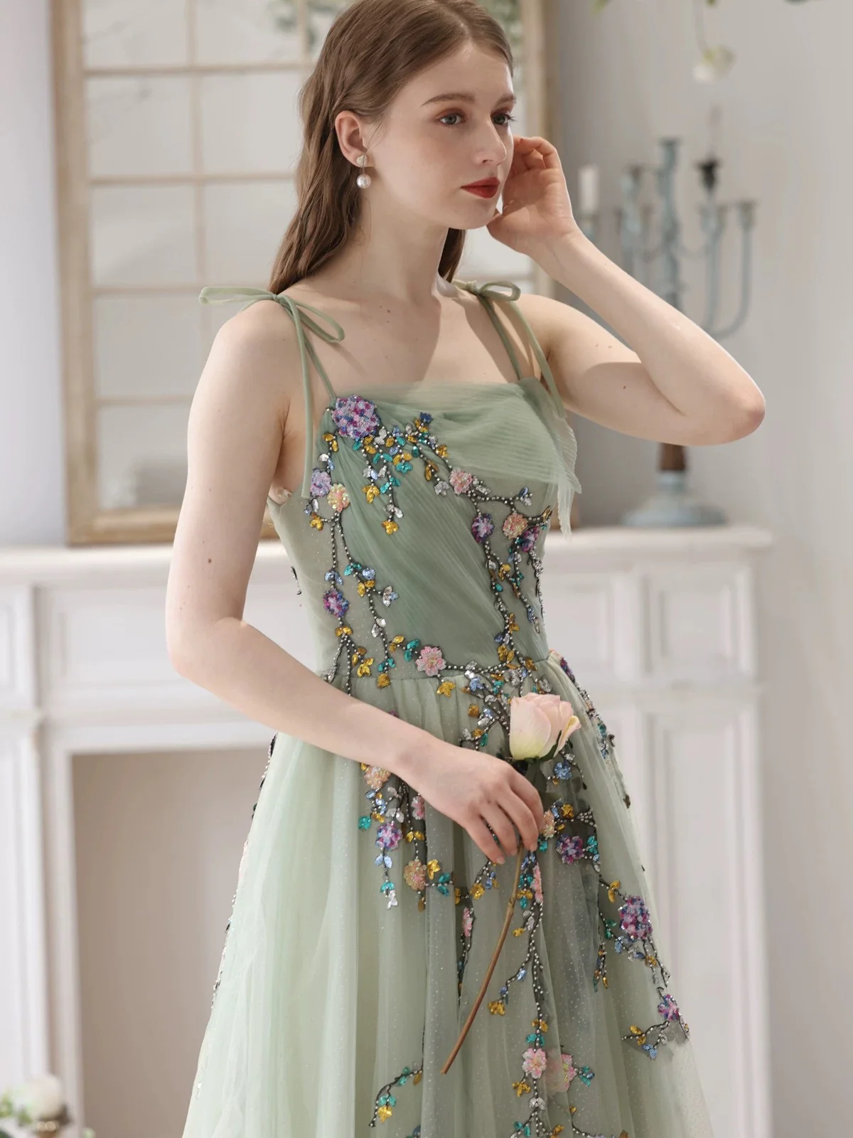 A-Line Tulle Sequin Lace Green Long Prom Dress, Green Long Formal Dress - Deanwangkt