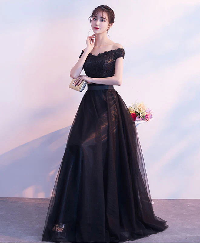 Black Lace Tulle Long Prom Dress, Lace Evening Dress - Deanwangkt
