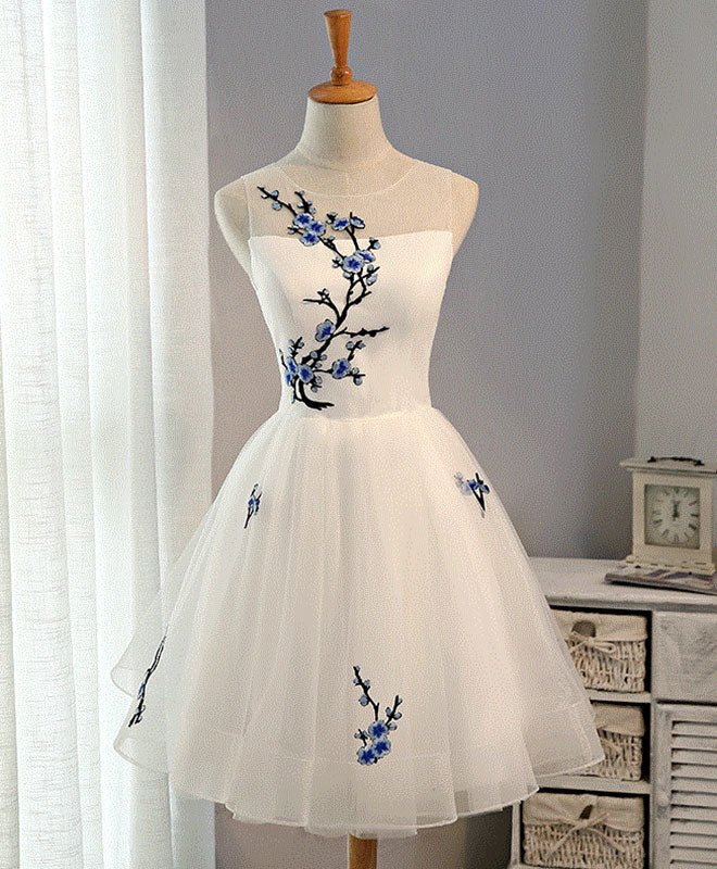 White A-Line Tulle Short Prom Dress, White Evening Dress - Deanwangkt