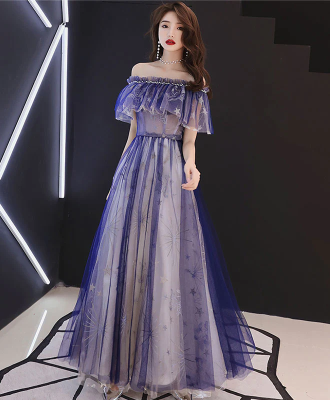 Blue Tulle Lace Tea Length Prom Dress, Blue Tulle Evening Dress - Deanwangkt