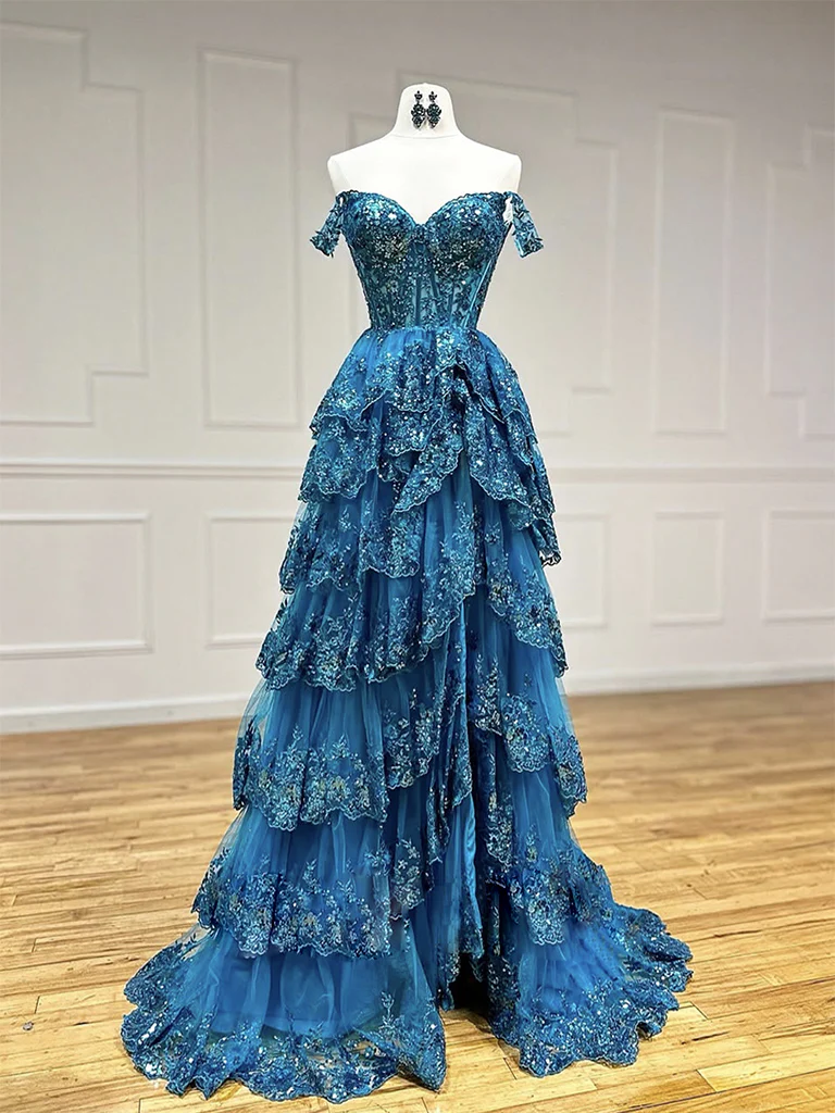 A-Line Tulle Sequin Blue Long Prom Dress, Blue Sequin Long Formal Dress - Deanwangkt