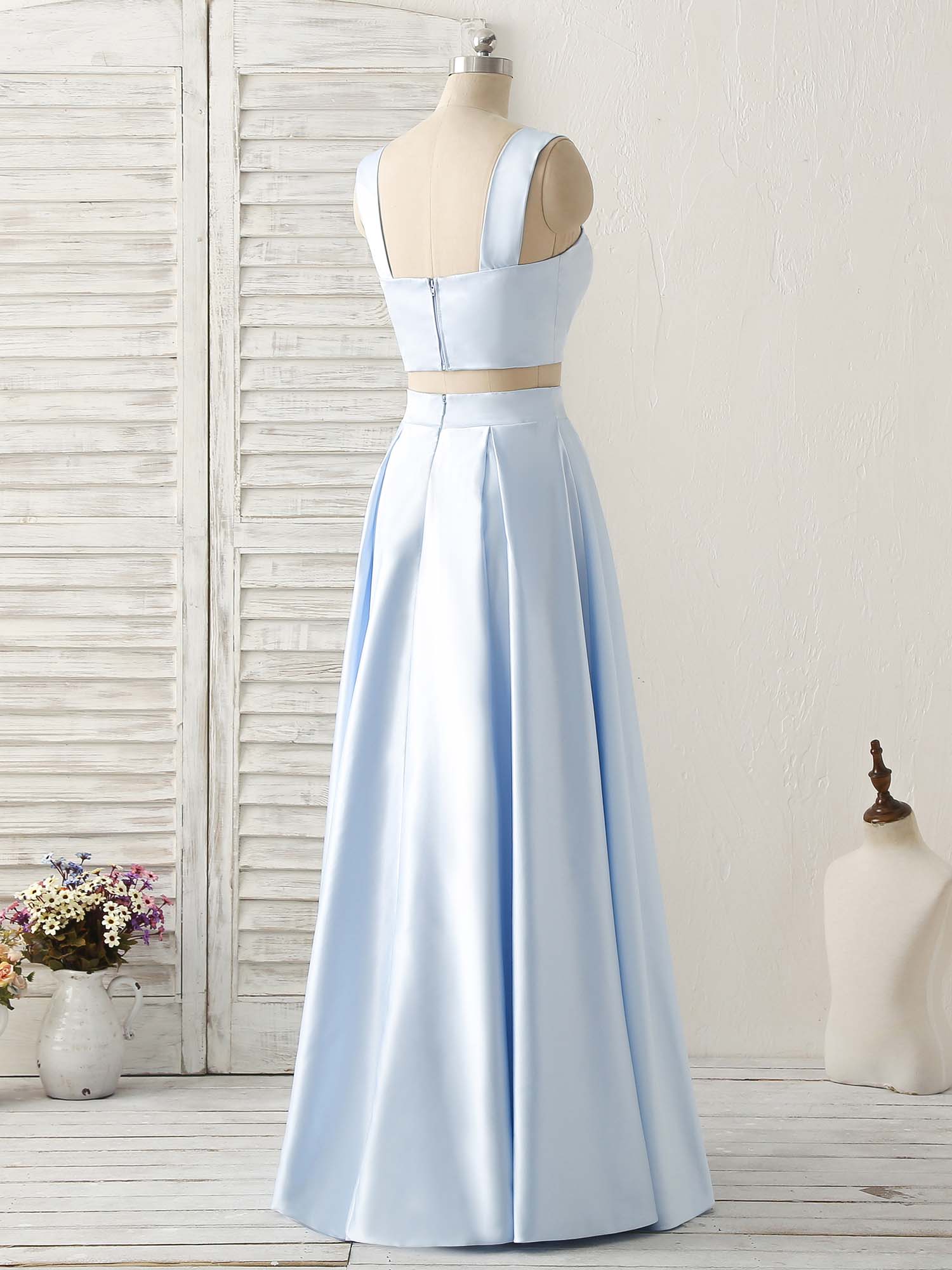 Light Blue Two Pieces Satin Long Prom Dress Simple Evening Dress - Deanwangkt