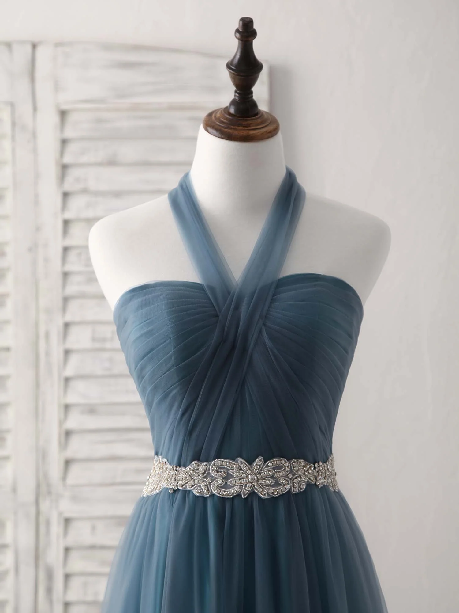 A-Line Gray Blue Tulle Long Bridesmaid Dress Gray Blue Prom Dress - Deanwangkt