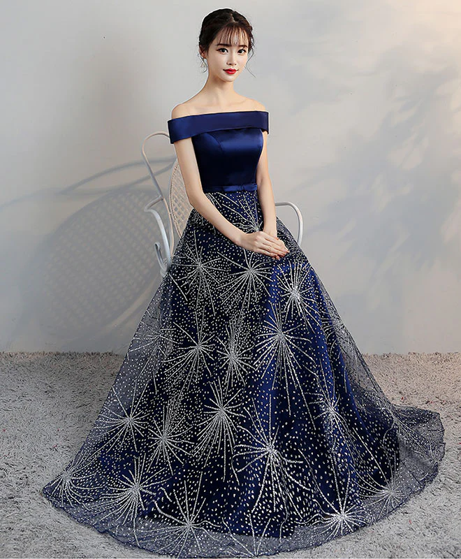 Blue Off Shoulder Long Prom Dress, Blue Evening Dress - Deanwangkt