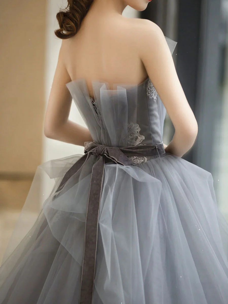 Gray Tulle Lace Long Prom Dress, Gray Ball Gown Formal Dresses - Deanwangkt