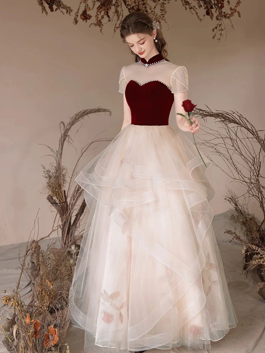 A-Line High Neck Tulle Lace Champagne Long Prom Dress, Champagne Long Evening Dress - Deanwangkt