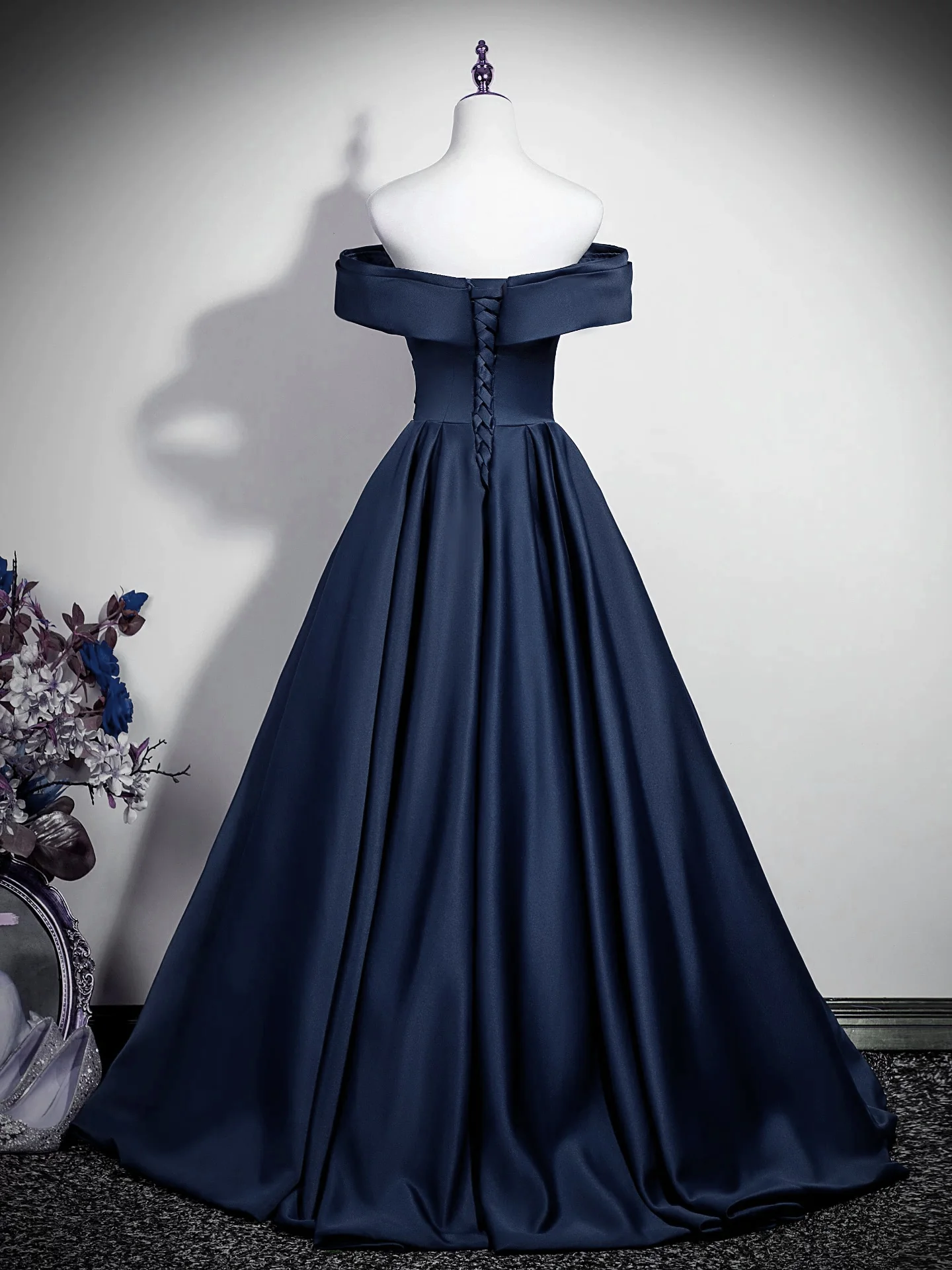 A-Line Off Shoulder Satin Dark Blue Long Prom Dress, Dark Blue Long Formal Dress - Deanwangkt