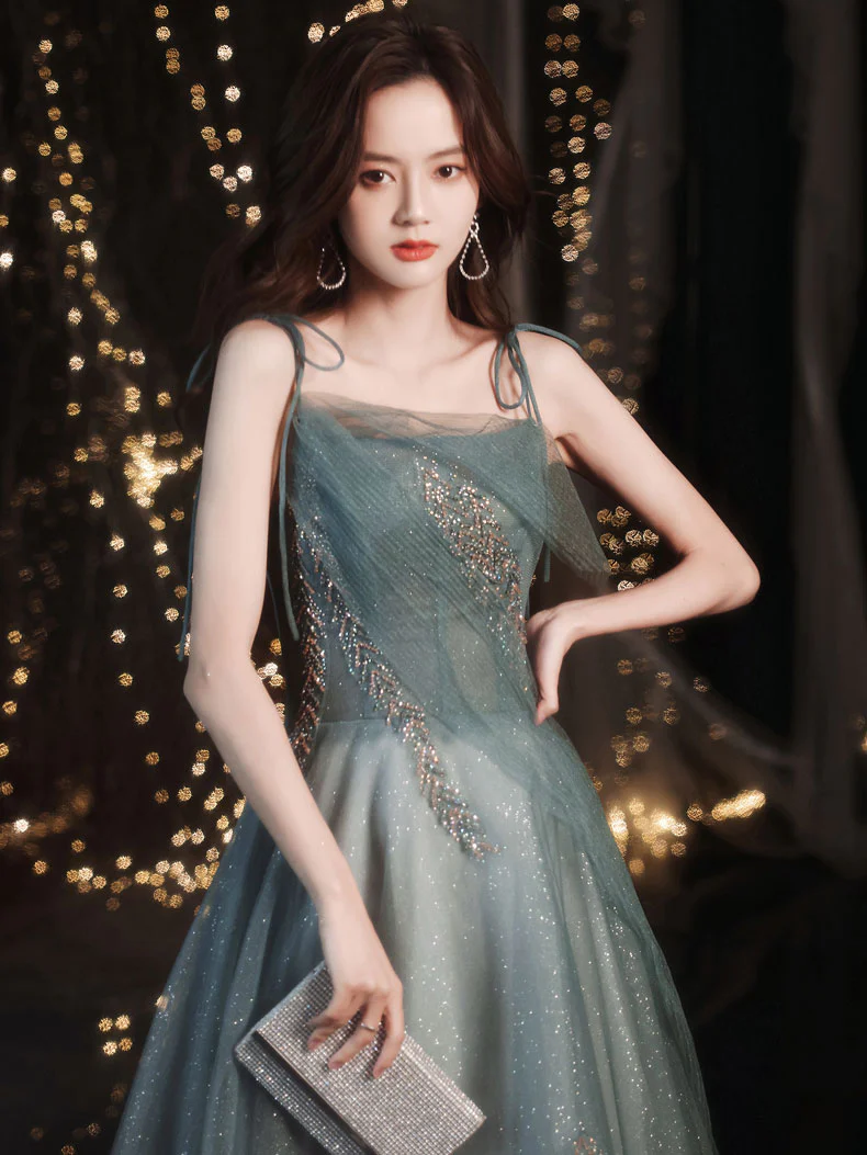 Green Tulle Sequin Long Prom Dress, Green Evening Dress - Deanwangkt
