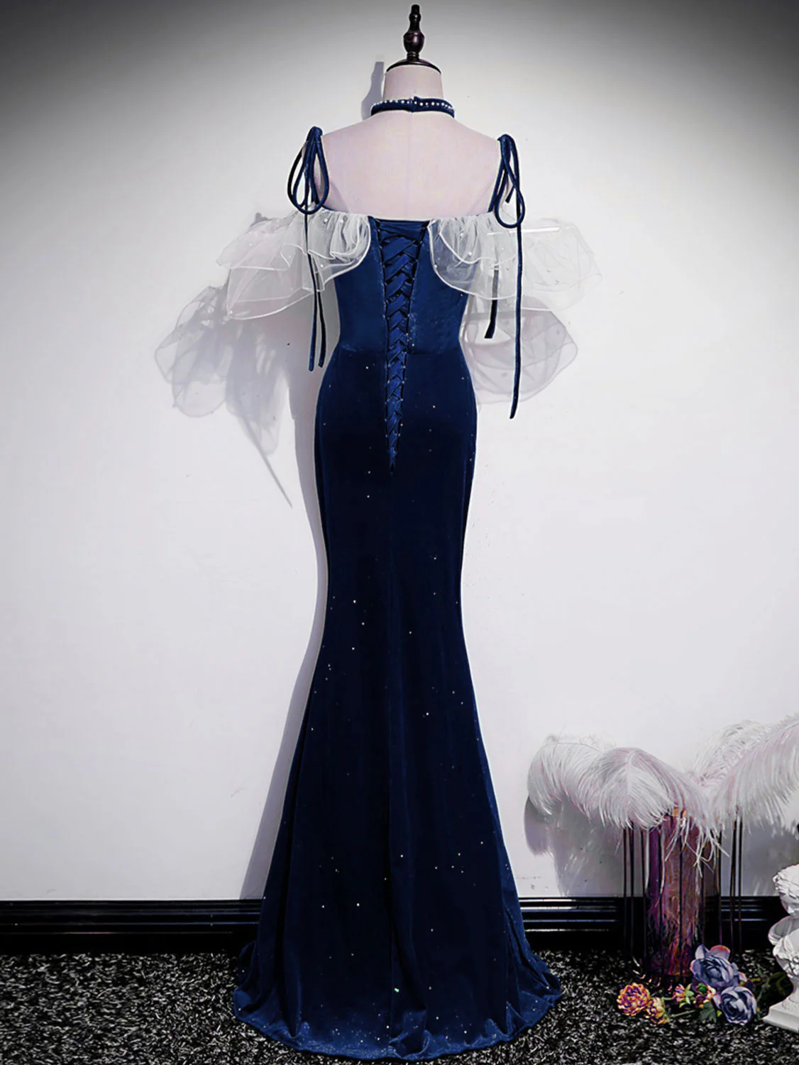 Dark Blue Mermaid Velvet Long Prom Dresses, Blue Formal Evening Dress - Deanwangkt