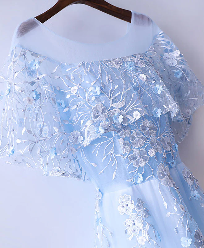 Light Blue Tulle Lace Long Prom Dress, Blue Lace Graduation Dress - Deanwangkt
