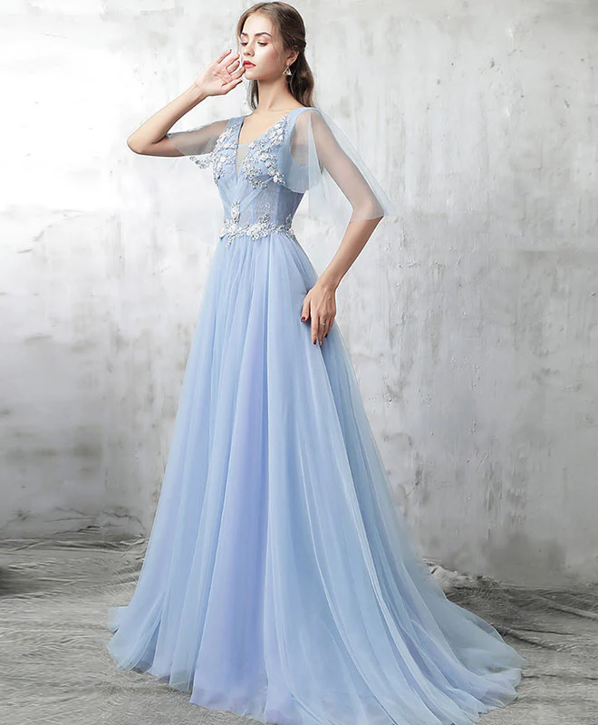 Blue V Neck Tulle Lace Applique Long Prom Dress, Blue Evening Dress - Deanwangkt