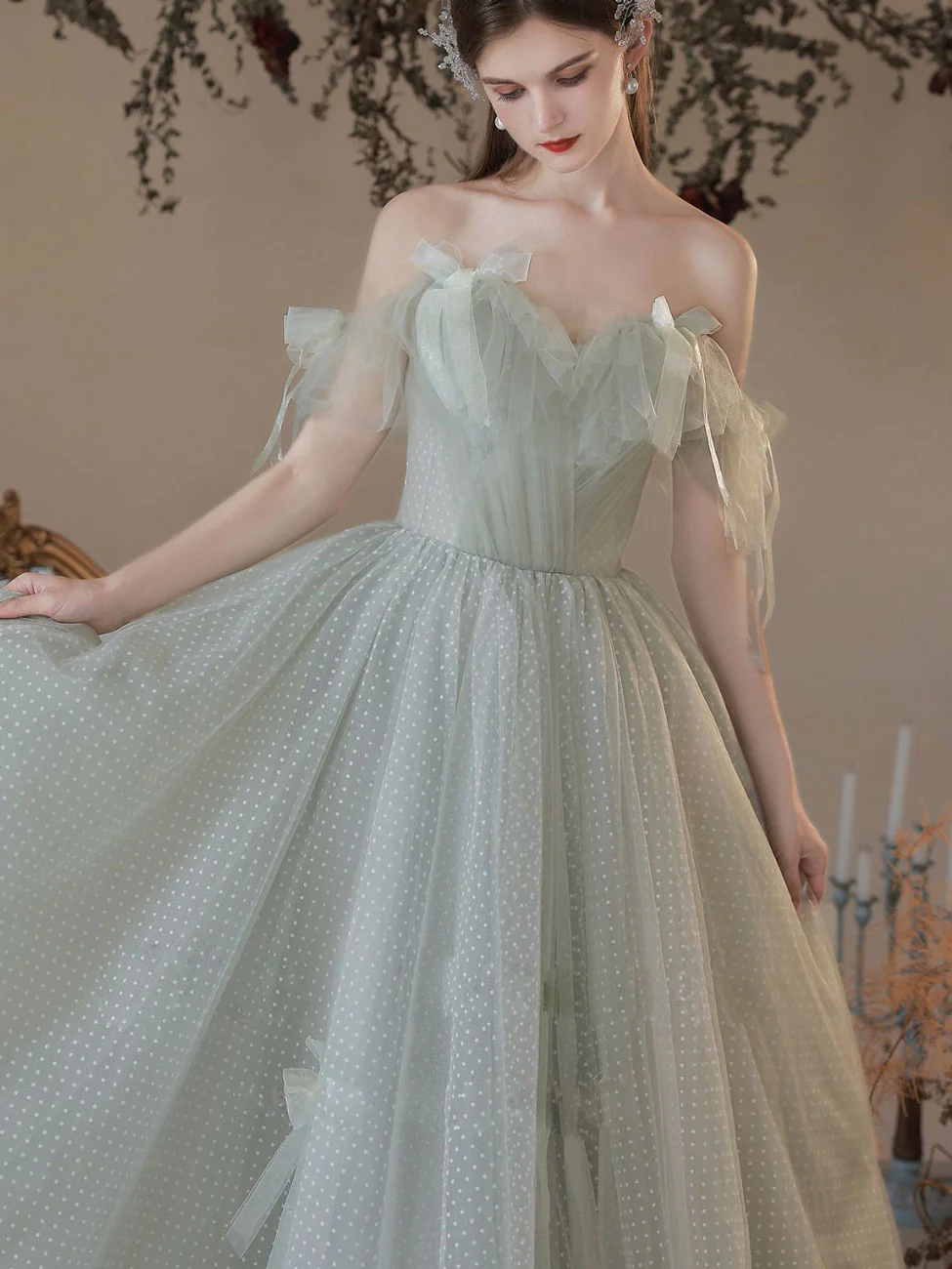 Green A Line Tulle Long Prom Dresses, Green Formal Graduation Dress - Deanwangkt