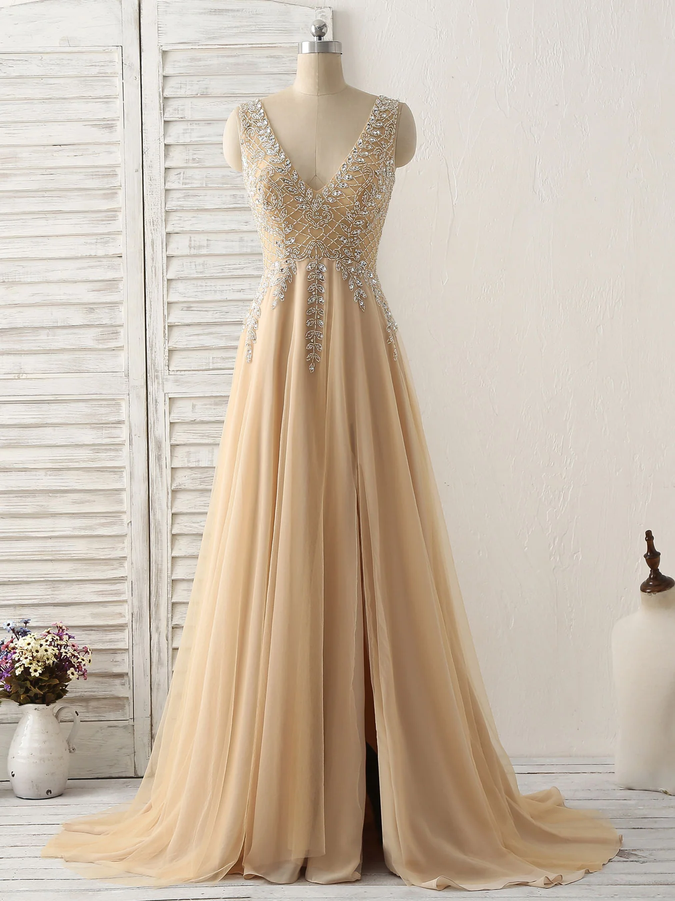 Champagne V Neck Beads Long Prom Dress Tulle Evening Dress - Deanwangkt