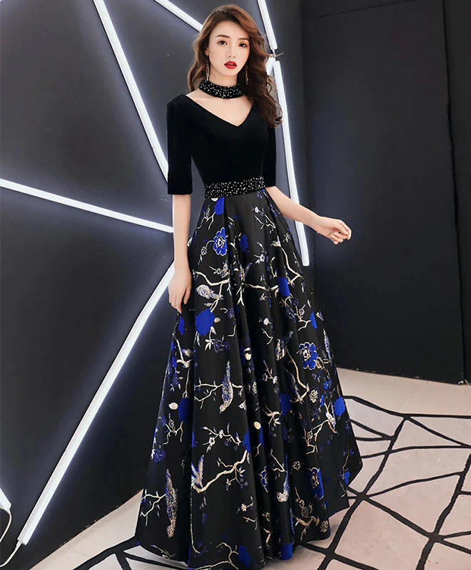 Black V Neck Satin Long Prom Dress, Black Evening Dress - Deanwangkt