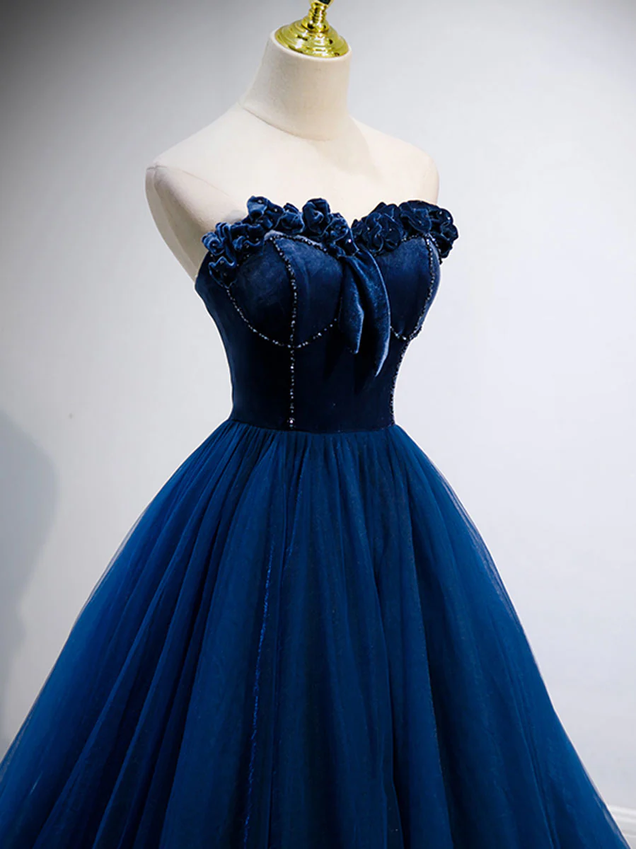 Simple A Line Blue Tulle Long Prom Dress, Blue Tulle Formal Dress - Deanwangkt