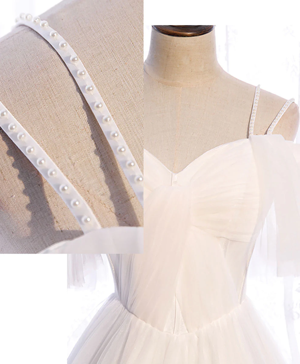 White Sweetheart Tulle Long Prom Dress, White Bridesmaid Dress - Deanwangkt