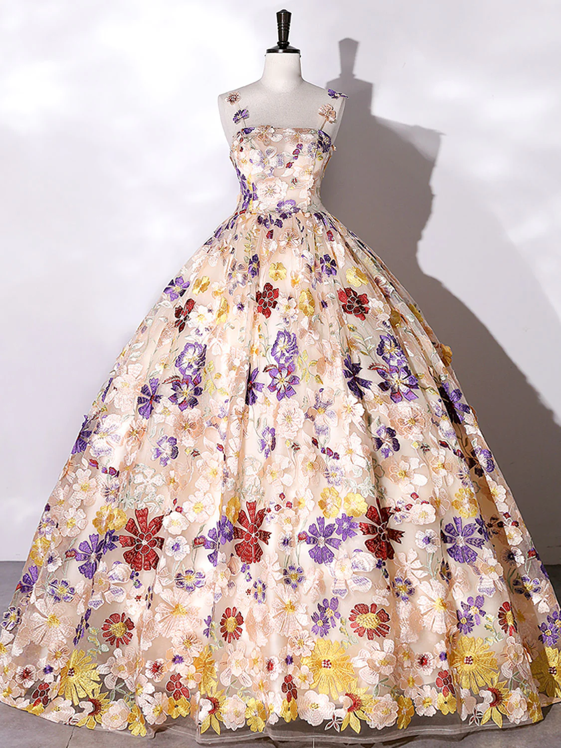 Champagne A-line Flowers Long Prom Dress, Champagne Sweet 16 Dress - Deanwangkt