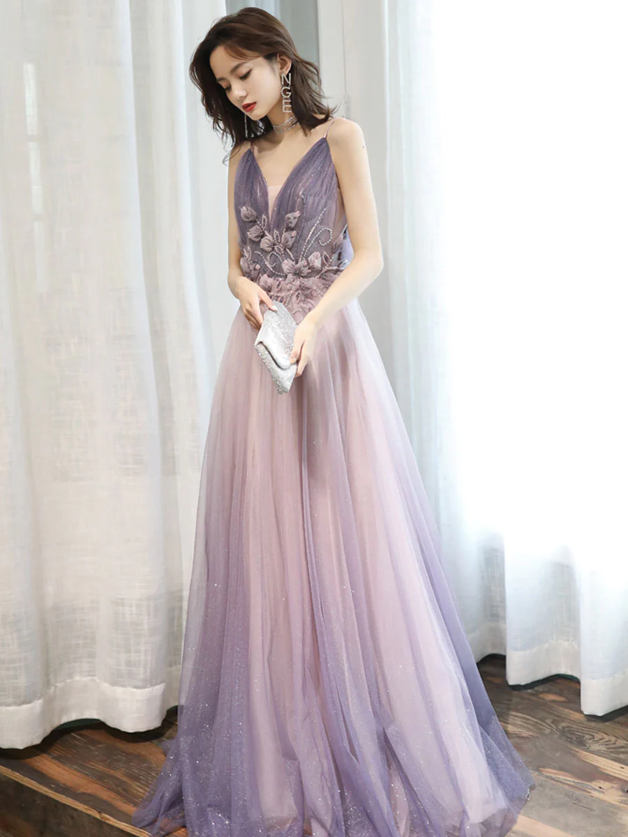 Purple V Neck Tulle Long Prom Dress, Purple Evening Dress - Deanwangkt