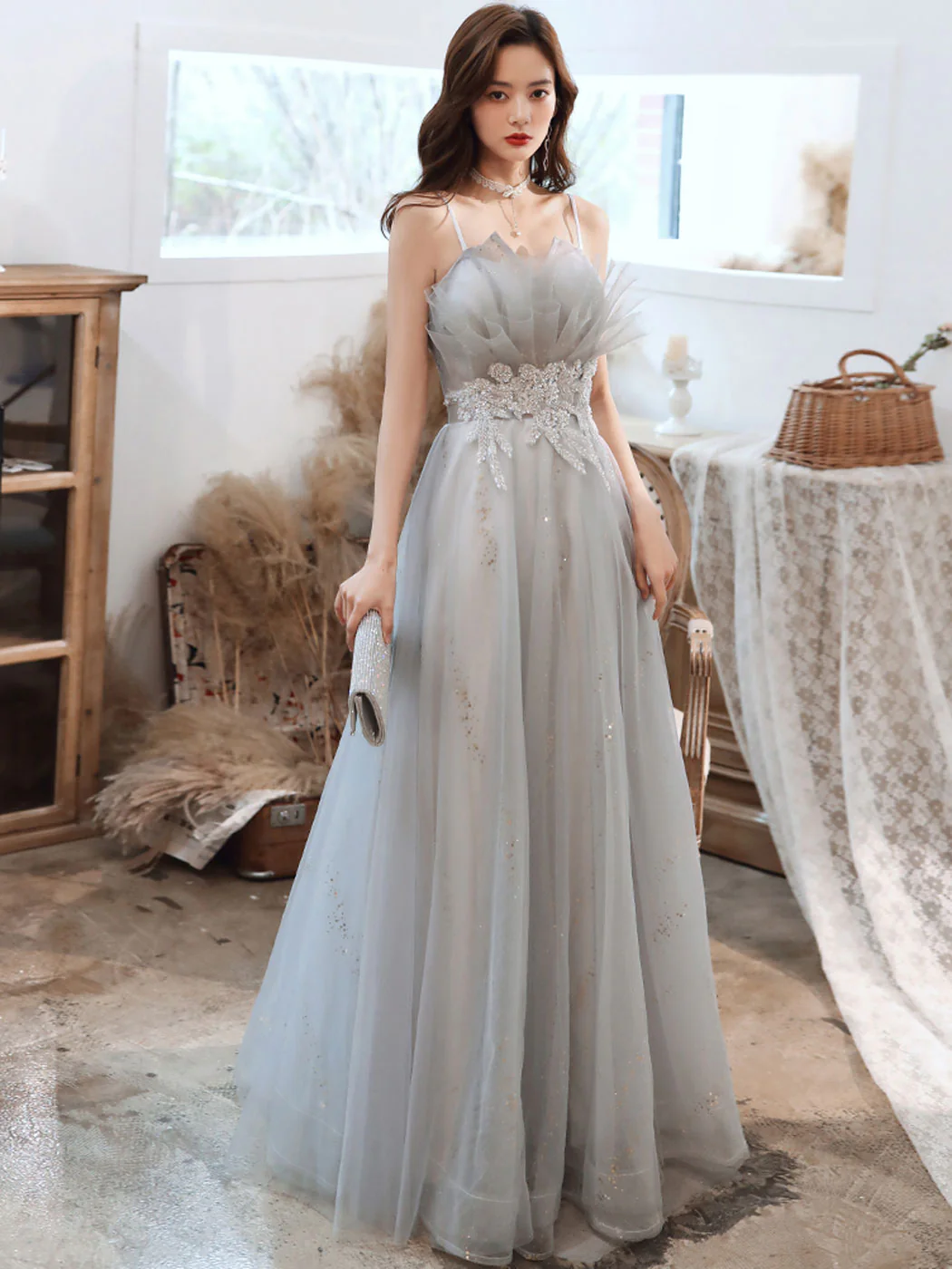 Gray A line Tulle Long Prom Dress, Gray Formal Graduation Dress with Lace Applique - Deanwangkt