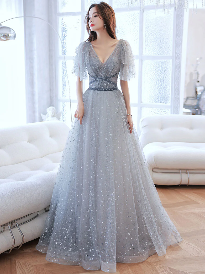 Gray V Neck Tulle Long Prom Dress, Gray A line Evening Dress - Deanwangkt