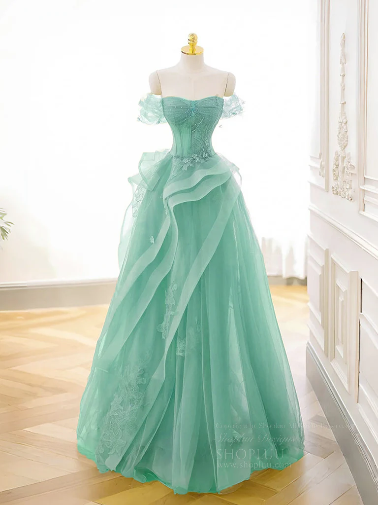 A-Line Off Shoulder Tulle Lace Mint Blue Long Prom Dress, Mint Blue Long Formal Dress - Deanwangkt