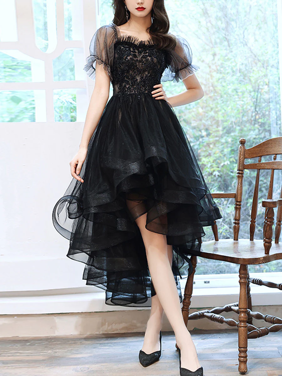 Black Sweetheart Tulle Lace High Low Prom Dress, Black Homecoming Dress - Deanwangkt