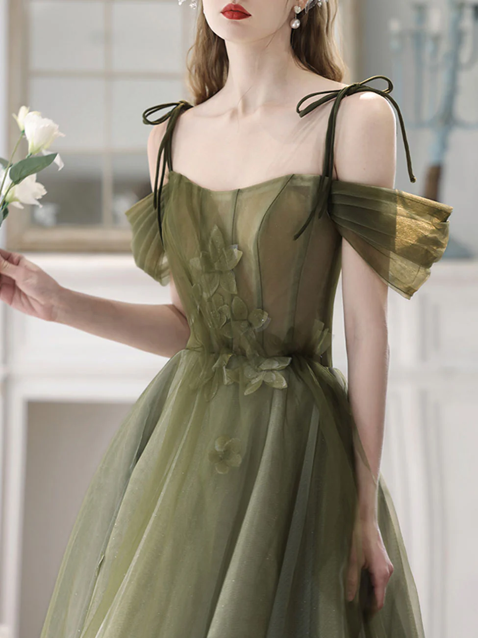 A-Line Off Shoulder Green Tulle Long Prom Dress, Green Formal Dresses - Deanwangkt