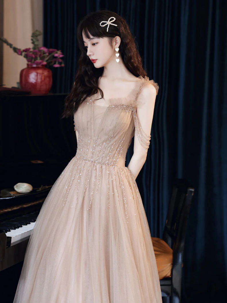 Champagne A line Tulle Beads Long Prom Dress, Champagne Evening Dresses - Deanwangkt