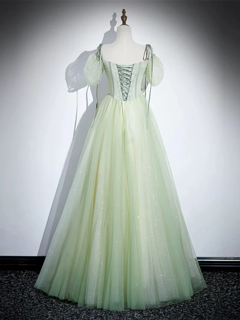 A-Line Tulle Lace Green Long Prom Dress, Green Long Evening Dress - Deanwangkt
