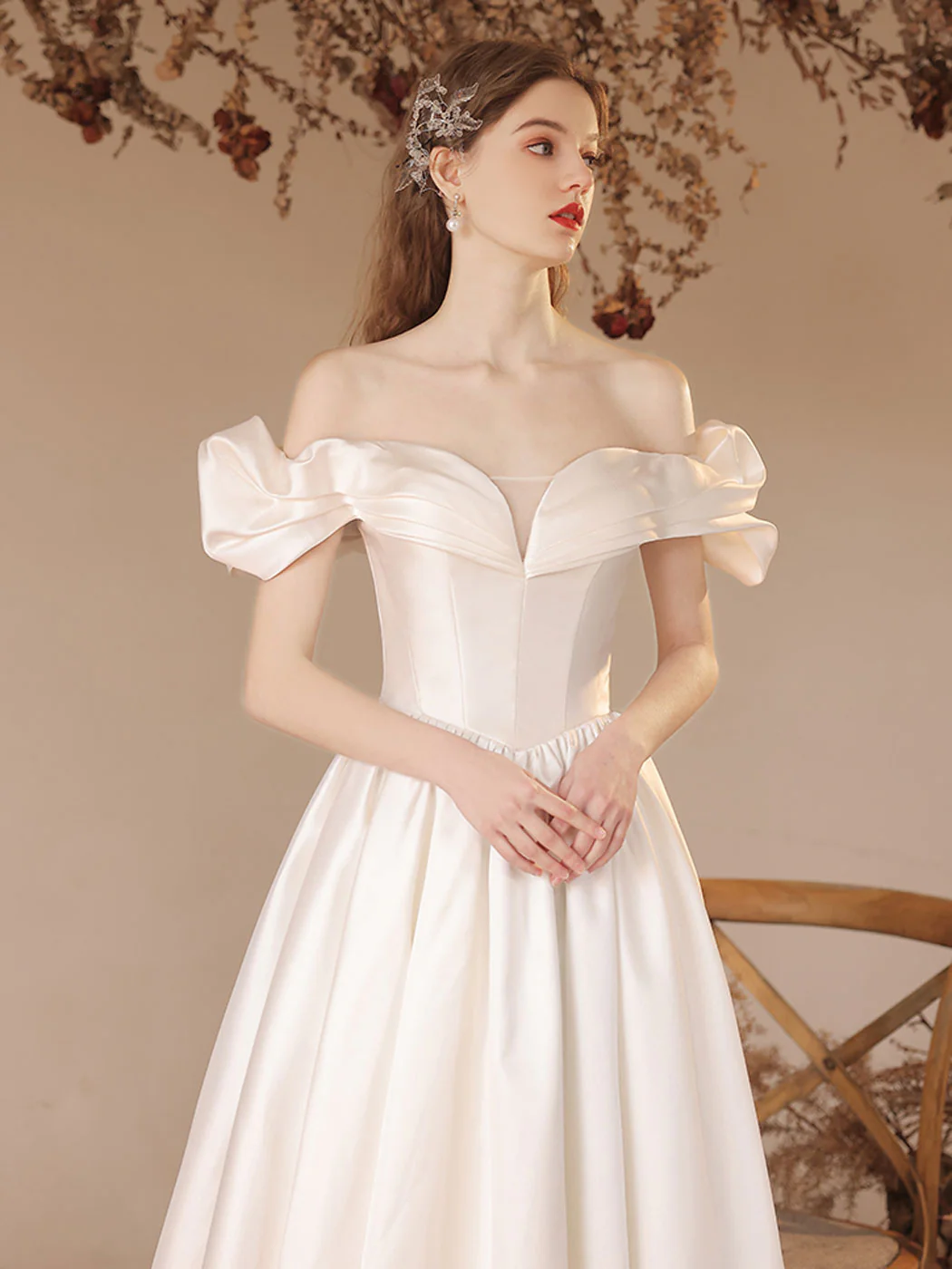 A-Line Off Shoulder Satin Beige Long Prom Dress, Beige Formal Evening Dress - Deanwangkt