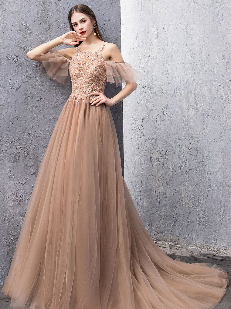 Champagne Tulle Lace Long Prom Dress, Champagne Lace Evening Dress - Deanwangkt