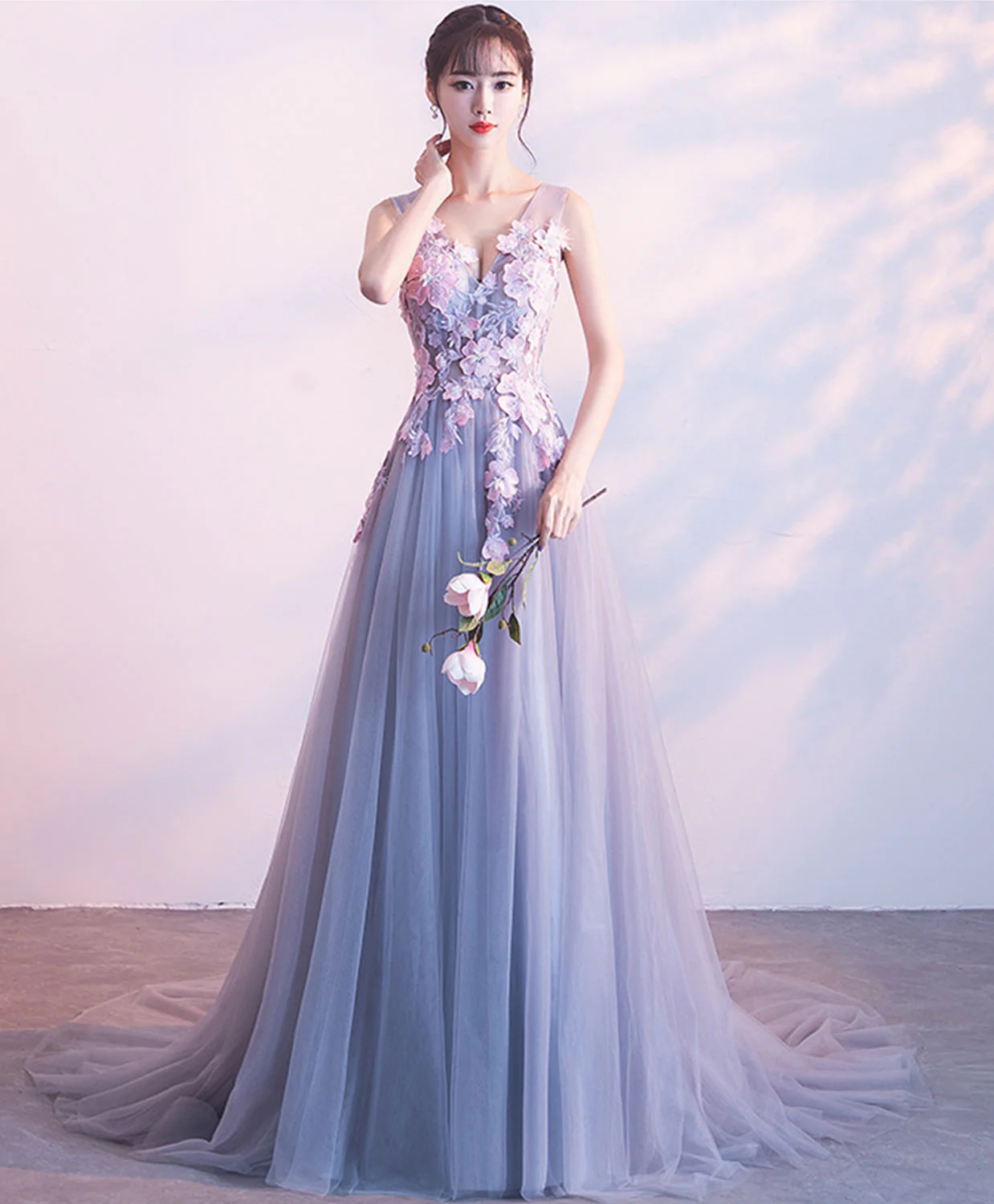 Gray Lace Tulle Long Prom Dress, Gray Evening Dress - Deanwangkt