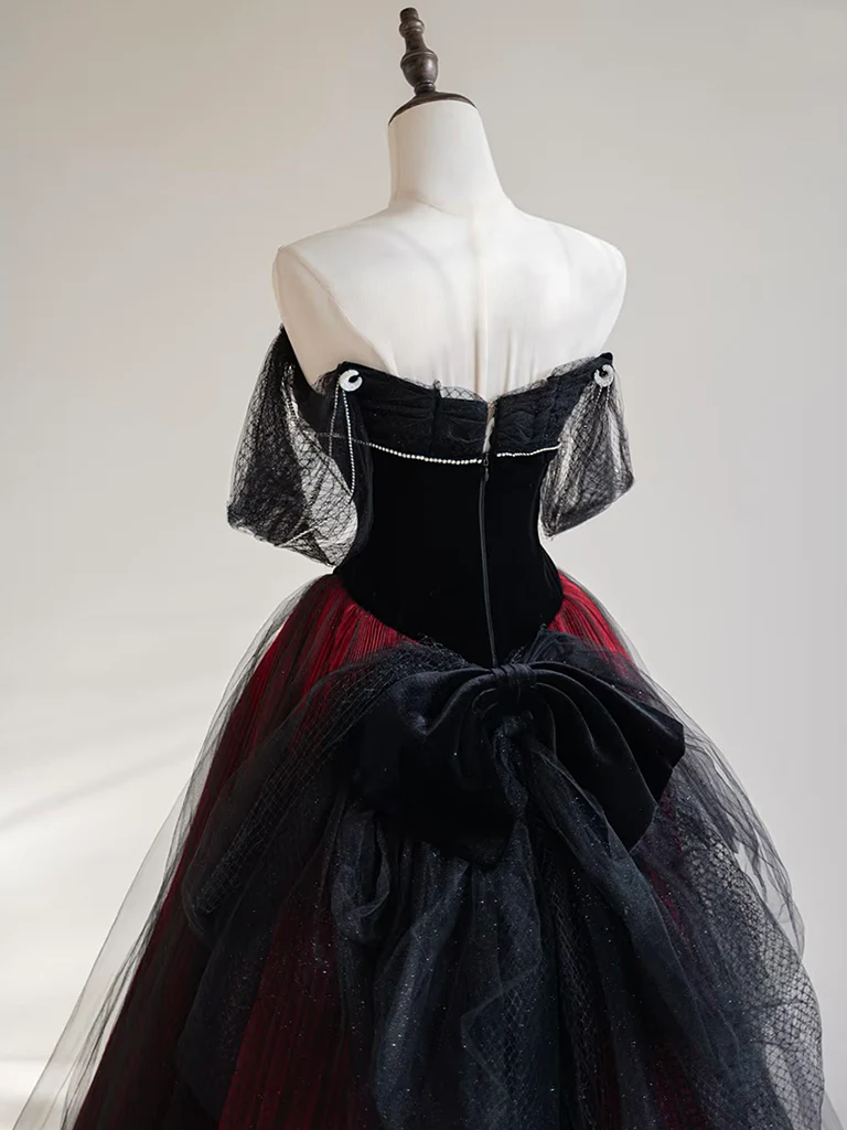 A-Line Off Shoulder Tulle Black/Burgundy Long Prom Dress - Deanwangkt