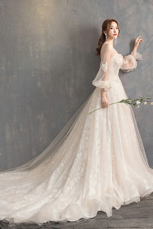 Unique Tulle Lace Long Wedding Dress, Tulle Lace Bridal Dress - Deanwangkt