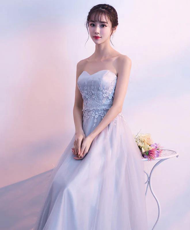 Unique Gray Tulle Long Prom Dress, Lace Evening Dress - Deanwangkt