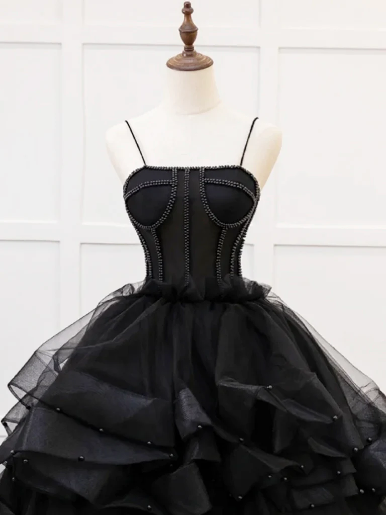 A-Line Tulle Beads Black Long Prom Dress, Black Sweet 16 Dress - Deanwangkt