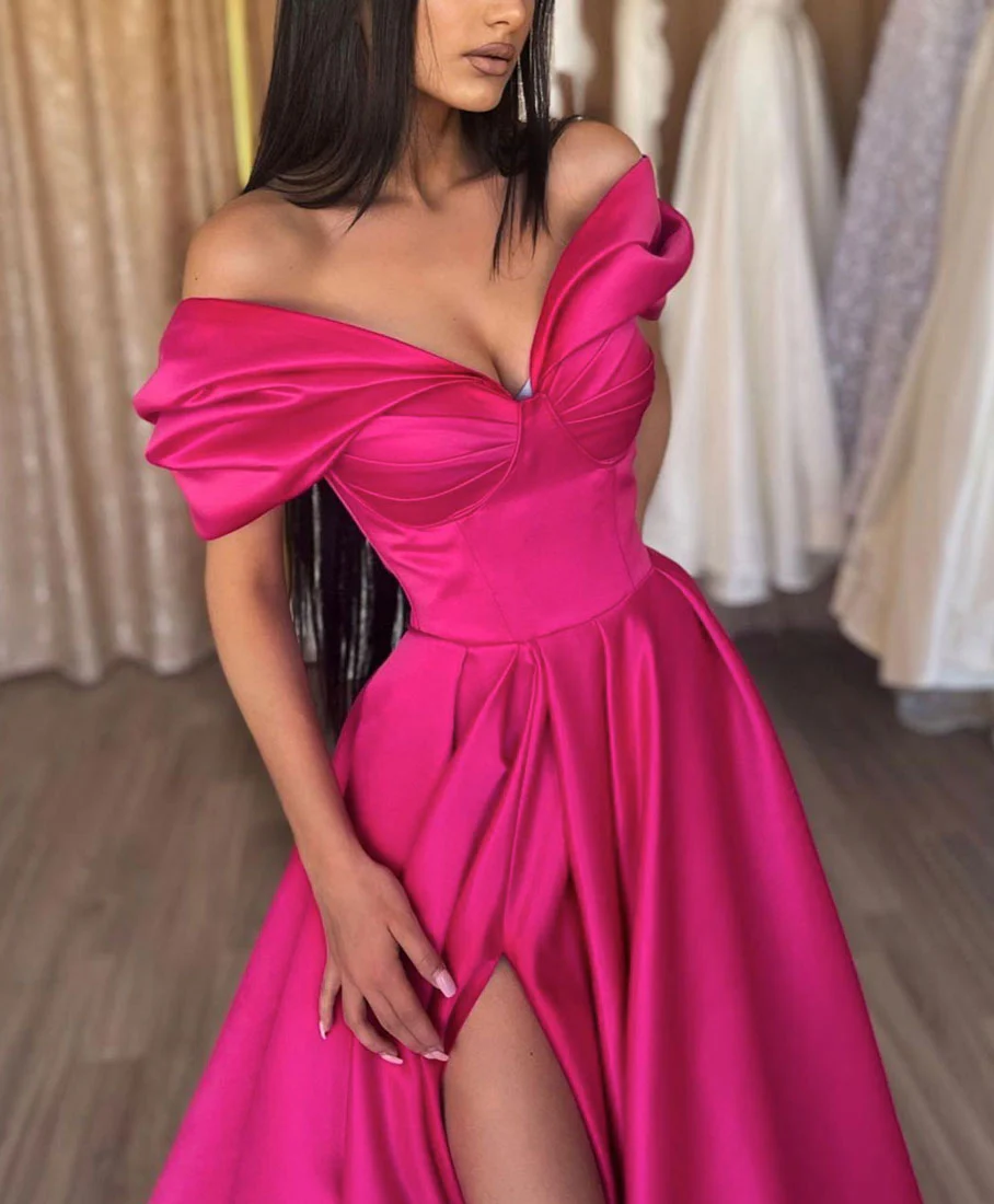 Simple V Neck Off Shoulder Satin Long Prom Dress, Red A Line Evening Dress - Deanwangkt
