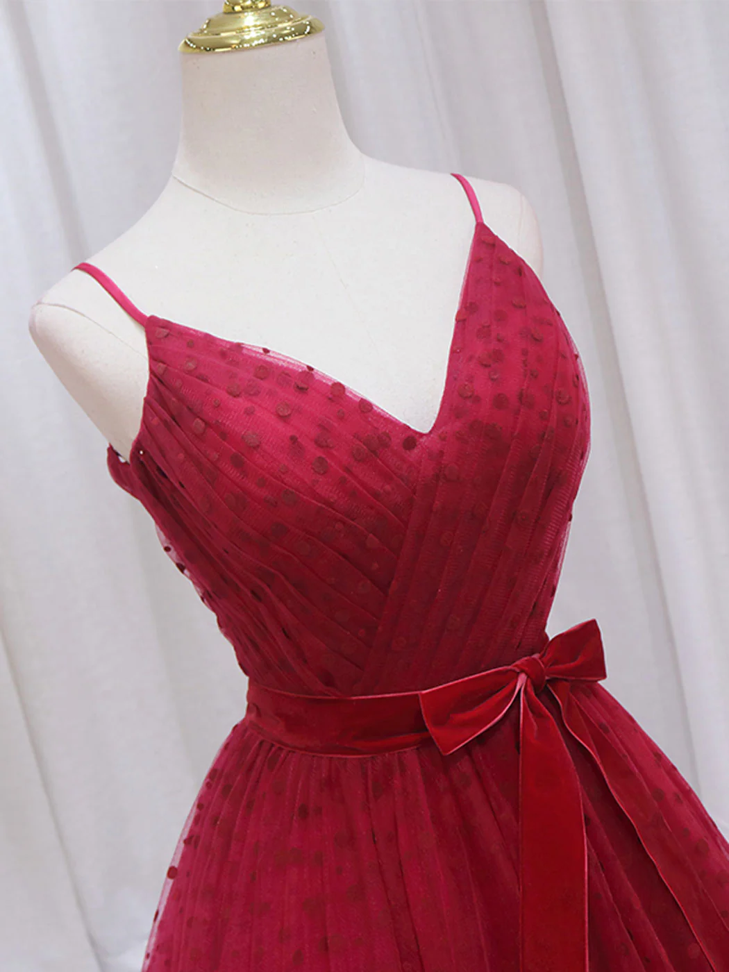 A-Line V Neck Tulle Burgundy Long Prom Dress, Burgundy Formal Dresses - Deanwangkt