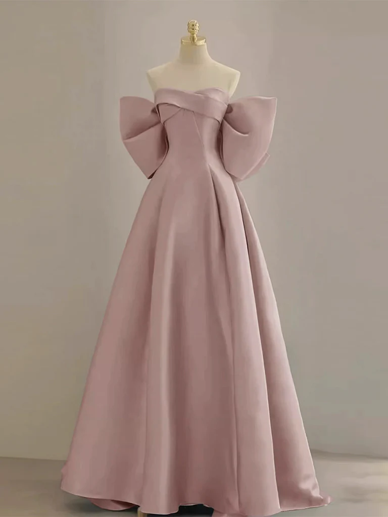 Pink A-Line Satin Long Prom Dresses, Pink Satin Evening Dresses - Deanwangkt