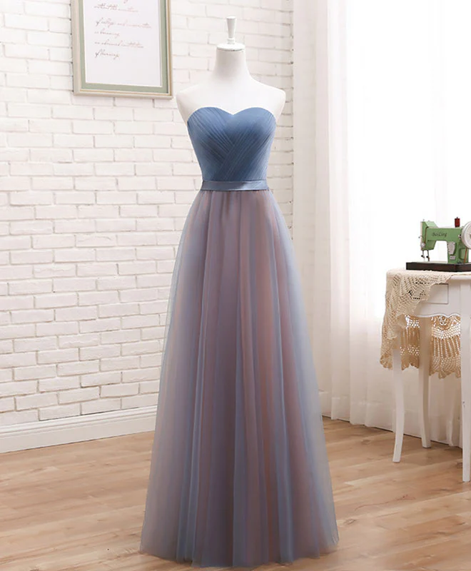 Cute Tulle Sweetheart Neck Prom Dress, Gray Blue Long Formal Dress - Deanwangkt