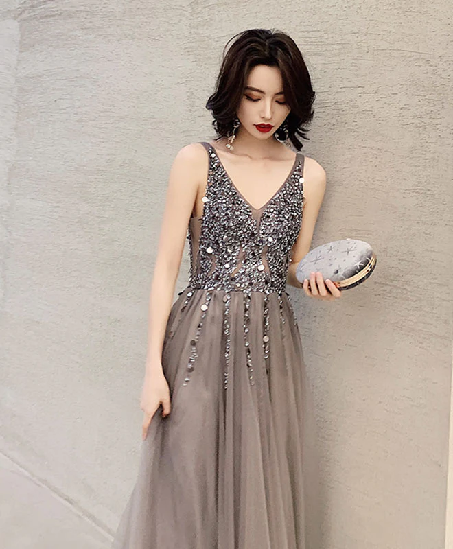 Gray V Neck Tulle Beads Long Prom Dress, Gray Tulle Evening Dress - Deanwangkt