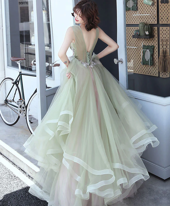 Green V Neck Tulle Lace Long Prom Dress, Green Formal Dress - Deanwangkt