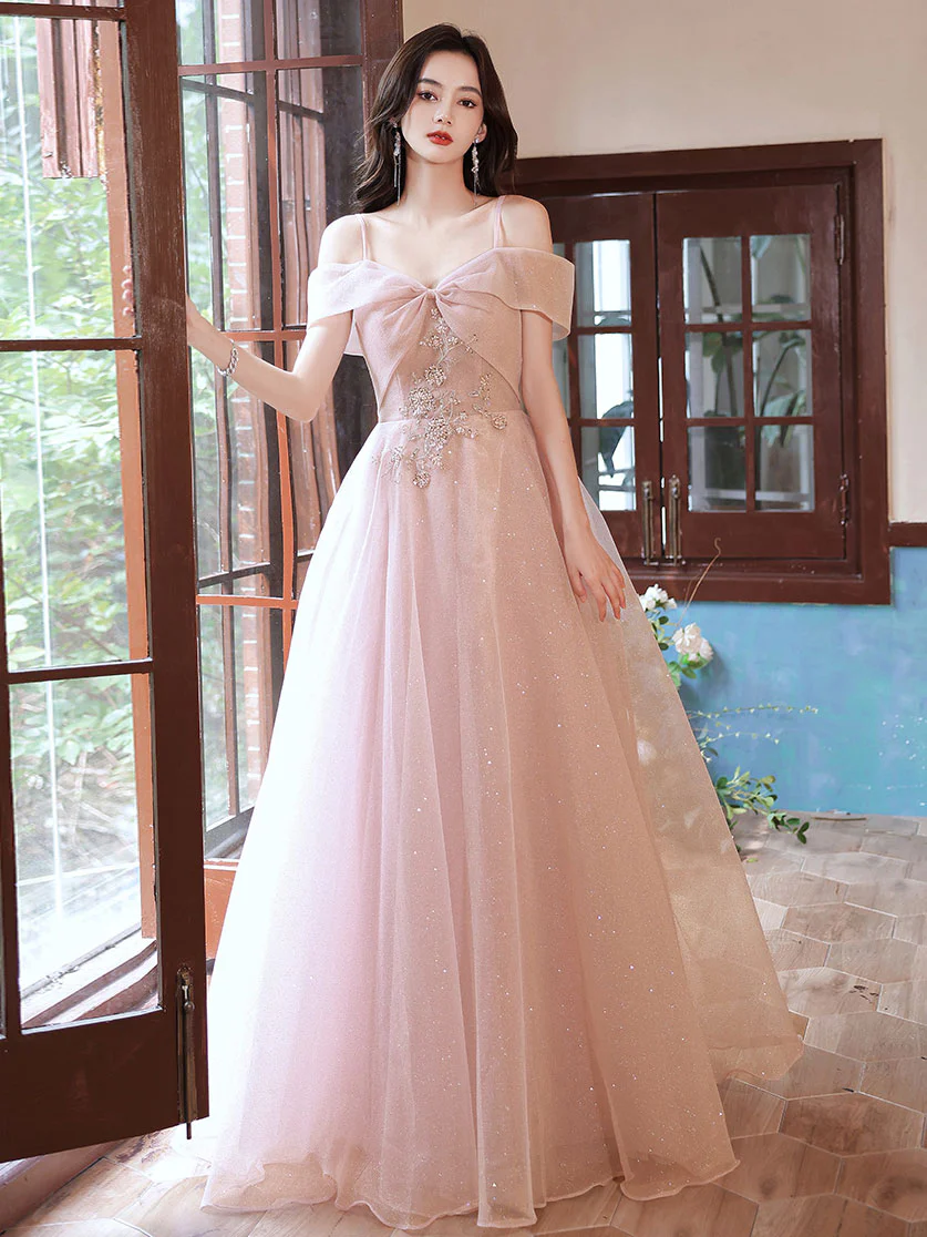 Pink Tulle Off Shoulder Lace Long Prom Dress, Pink Tulle Evening Dress - Deanwangkt