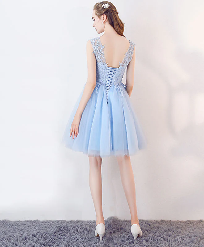 Cute Blue Tulle Lace Short Prom Dress, Blue Homecoming Dress - Deanwangkt