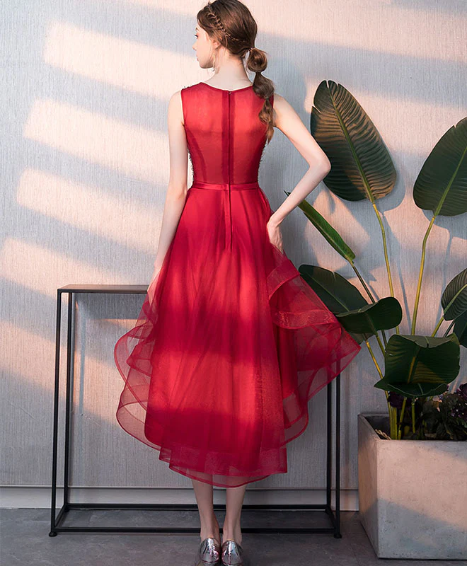 Burgundy Tulle Round Neck Sequin Short Prom Dress, Burgundy Homecoming Dress - Deanwangkt