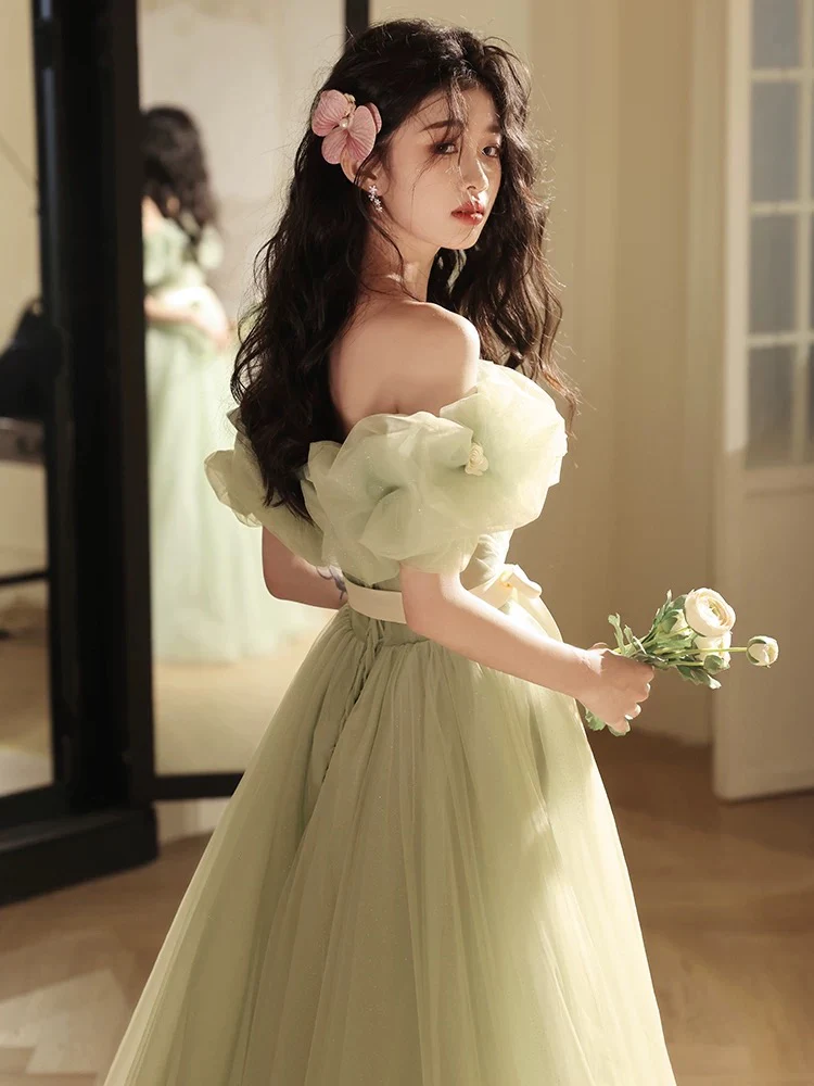 A-Line Off Shoulder Tulle Green Long Prom Dress, Green Long Formal Dress - Deanwangkt