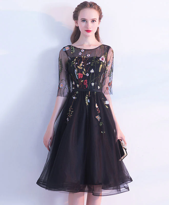 Cute Black Lace Short Prom Dress, Black Evening Dress - Deanwangkt